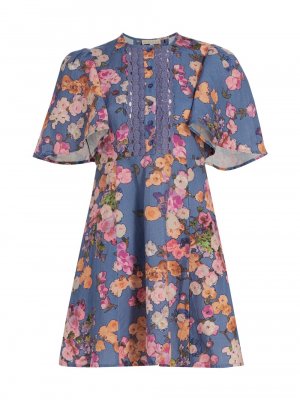 Расклешенное мини-платье из льна и хлопка с цветочным принтом byTiMo