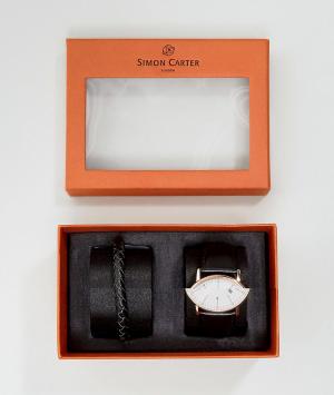 Подарочный набор из часов с кожаным ремешком и браслета W Simon Carter. Цвет: черный