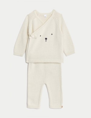 2 шт. Вязаный костюм медведя из чистого хлопка (от 7 фунтов до 1 года) , белый микс Marks & Spencer