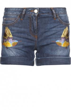 Джинсовые мини-шорты с вышивкой Roberto Cavalli. Цвет: синий