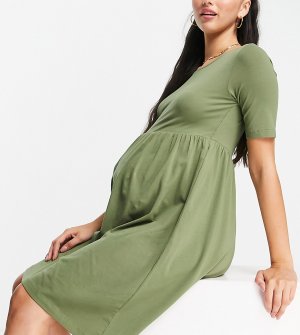 Эксклюзивное шалфейно-зеленое платье-футболка с присборенной юбкой из органического хлопка Mamalicious Maternity-Зеленый цвет Mama.licious