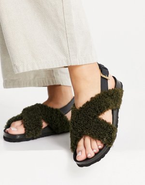 Зеленые сандалии из плюшевого искусственного меха на плоской подошве -Зеленый цвет Kaltur
