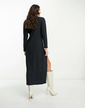 Супермягкое платье макси с длинными рукавами и драпировкой-саронгом черного цвета ASOS