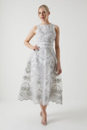 Свадебное платье миди из органзы премиум-класса с металлической вышивкой , белый Coast