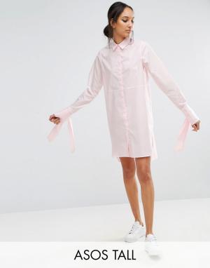 Хлопковое платье-рубашка с большими манжетами и бантиками ASOS TALL. Цвет: розовый