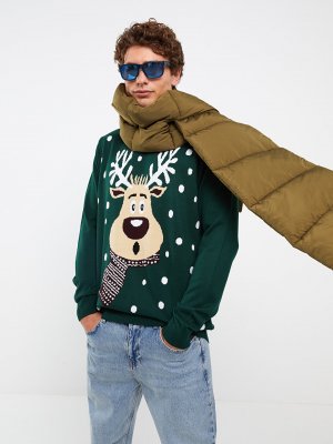 Мужской трикотажный свитер с круглым вырезом и длинными рукавами в новогодней тематике LCW Casual