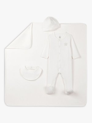 Детский комбинезон , подарочный набор с чепчиком, нагрудником и одеялом, белый Petit Bateau