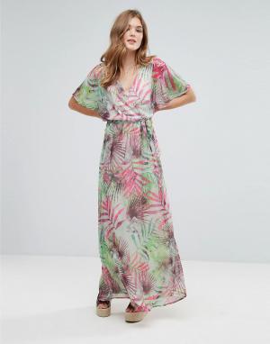 Платье макси с пальмовым принтом и рукавами-кимоно Lavand. Цвет: зеленый