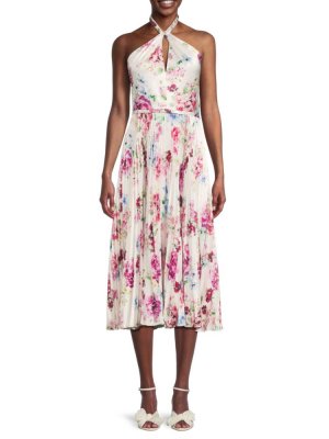 Атласное платье-миди с цветочным принтом и бретелькой на бретельках , цвет White Pink Monique Lhuillier