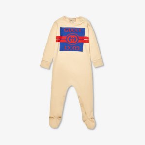 Полосатый хлопковый трикотаж с логотипом babygrow 0-12 месяцев , бежевый Gucci