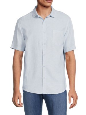 Рубашка на пуговицах с короткими рукавами из смесового льна , цвет Sky Blue Saks Fifth Avenue