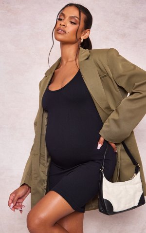 Черное мини-платье в рубчик с ремешками для беременных PrettyLittleThing