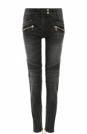 Байкерские джинсы-скинни с декоративной отделкой Balmain. Цвет: серый