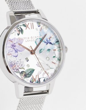 Серебристые часы с сетчатым браслетом, цветочным рисунком и декором на циферблате -Серебристый Olivia Burton
