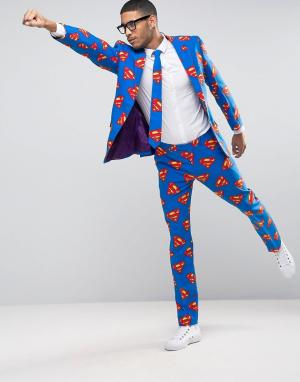 Костюм слим и галстук с принтом логотипа Супермена OppoSuits Oppo Suits. Цвет: синий