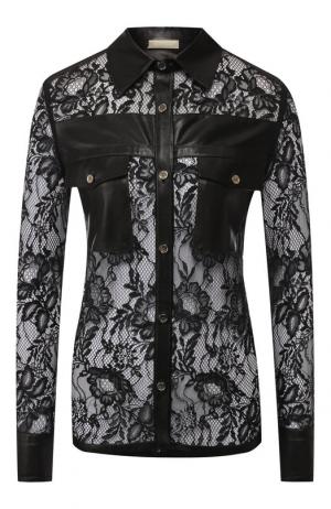 Кружевная блуза с кожаной отделкой Elie Saab. Цвет: черный