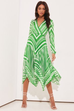 Плиссированное платье миди с длинными рукавами и отделкой-конвертом , зеленый Lipsy
