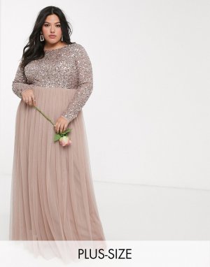 Пепельно-розовое платье макси с длинными рукавами и отделкой пайетками Bridesmaid-Коричневый цвет Maya Plus