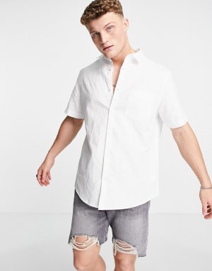 Белая рубашка с короткими рукавами из ткани добавлением льна -Белый River Island