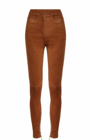 Однотонные замшевые джинсы-скинни Balmain. Цвет: коричневый