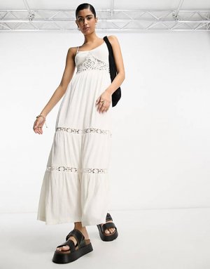 Кремовое платье макси на бретелях с кружевными вставками и связанной крючком талией DESIGN Asos