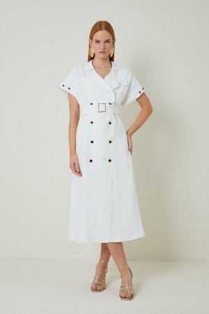 Двубортное платье-рубашка миди из льна и вискозы с поясом , белый Karen Millen