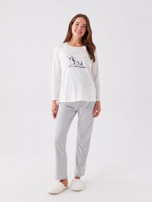 Пижамный комплект для беременных с круглым вырезом и принтом длинными рукавами, серый меланж LCW Dream