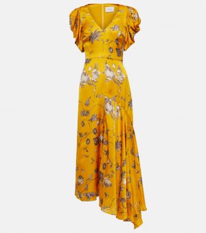 Атласное платье миди с цветочным принтом ERDEM, желтый Erdem