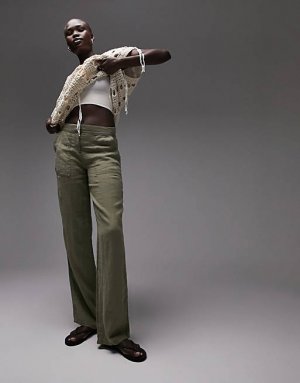 Льняные брюки карго прямого кроя с низкой посадкой Tall цвета хаки Topshop