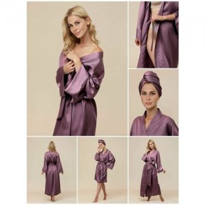 Халат удлиненный, на завязках, длинный рукав, пояс, размер 42-48, фиолетовый Я ДОМА. Цвет: серый