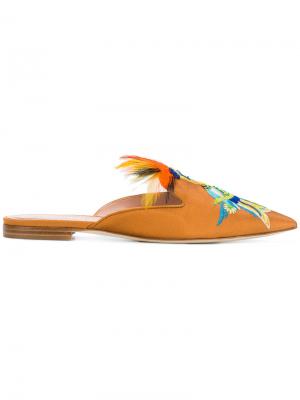 Слиперы с вышитым попугаем Alberta Ferretti. Цвет: жёлтый и оранжевый