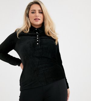 Бархатная рубашка с длинными рукавами и жемчужными пуговицами -Черный Fashion Union Plus