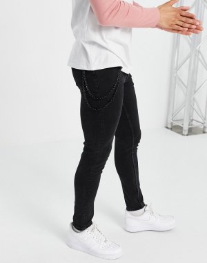 Черные выбеленные джинсы зауженного кроя с цепочкой -Черный New Look