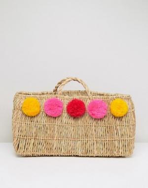 Пляжная соломенная сумка с помпонами Pitusa. Цвет: бежевый