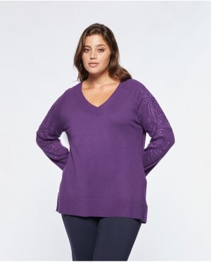 Женский свитер с V-образным вырезом и вышитыми рукавами , фиолетовый Fiorella Rubino. Цвет: фиолетовый