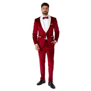 Мужской бархатный костюм новогоднего Санты современного кроя, бордовый Opposuits