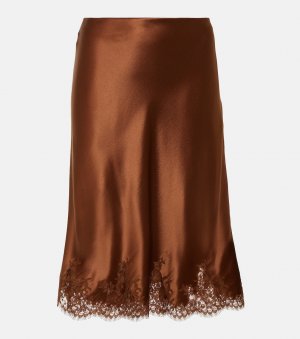 Мини-юбка из шелкового атласа с кружевной отделкой , коричневый Saint Laurent