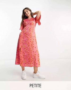 Атласное чайное платье миди с оранжевым цветочным принтом Influence