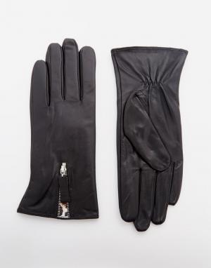 Кожаные перчатки с леопардовыми вставками Pia Rossini. Цвет: черный