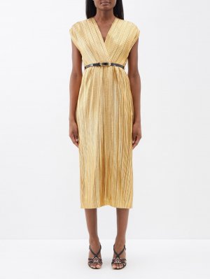 Платье миди из ламе с v-образным вырезом и поясом , золото Gucci