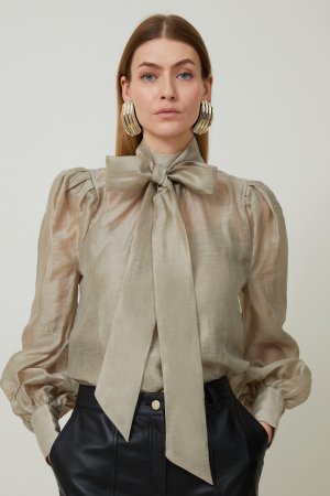 Блузка из льняной ткани с бантом и органди , бежевый Karen Millen