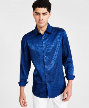 Мужская атласная рубашка на пуговицах с длинным рукавом из змеиной кожи , синий I.N.C. International Concepts