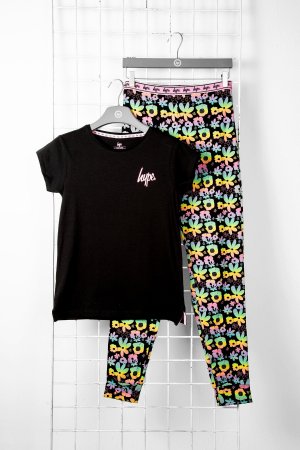 1 упаковка пижамного комплекта с напуском и цветочным принтом короткими рукавами манжетами, черный цвет , Hype