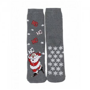 Женские махровые носки антислайд с новогодним принтом 33 дед мороз на лыжах Mademoiselle. Цвет: серый