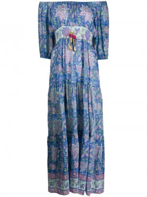 Платье Elle с цветочным принтом и открытыми плечами Alicia Bell. Цвет: синий