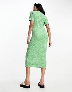 Зеленое платье миди из фактурного джерси с воротником на молнии Femme Selected