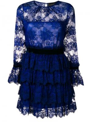 Короткое кружевное платье с оборками Christian Pellizzari. Цвет: синий
