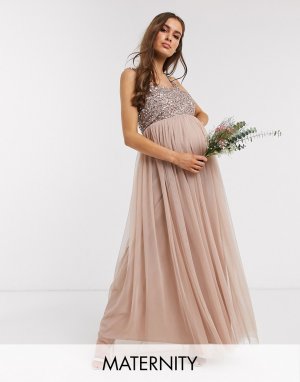 Светло-розовое платье макси без рукавов с квадратным вырезом и пайетками Bridesmaid-Коричневый цвет Maya Maternity