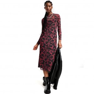 Платье Rose Print Sheer Long Sleeve Midi, черный/розовый New Look
