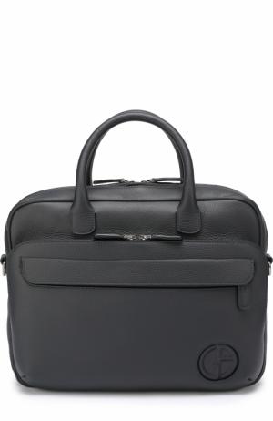 Кожаная сумка для ноутбука с внешним карманом на молнии и плечевым ремнем Giorgio Armani. Цвет: темно-синий